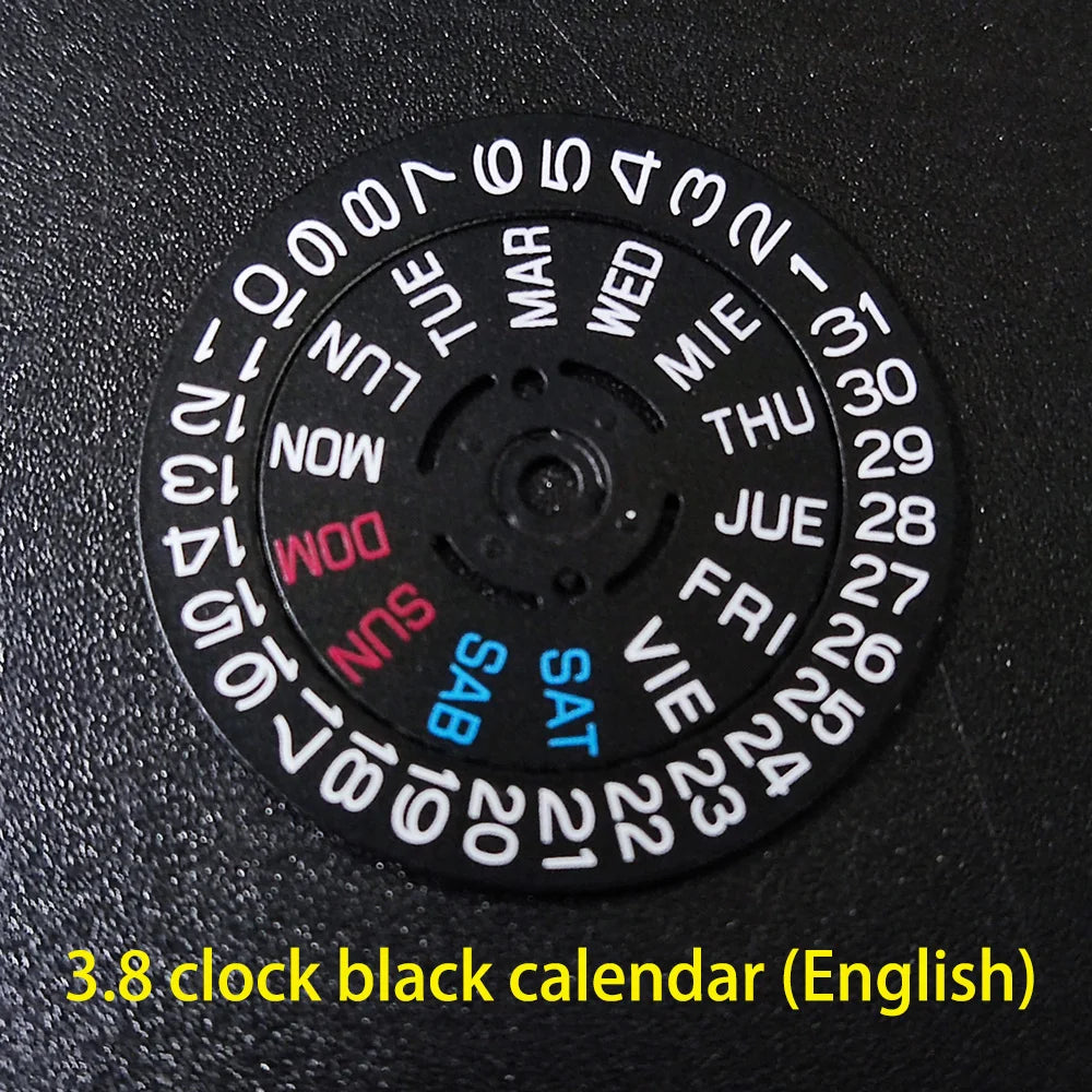 NH36 watch movement with hand-held calendar date disc wheel and day match features.