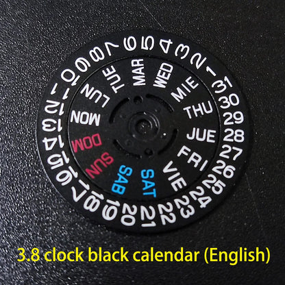 NH36 watch movement with hand-held calendar date disc wheel and day match features.