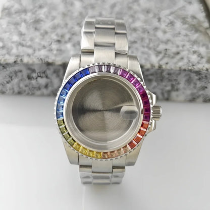 40.5mm Watch Case Strap Set SUB Diamond Studded Rainbow Bezel  for NH35 Movement