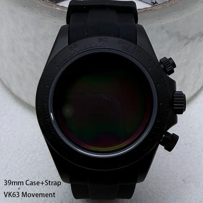 316L Steel 39mm Matte Black Case+Strap Sapphire Glass Ceramic Bezel Fit VK63