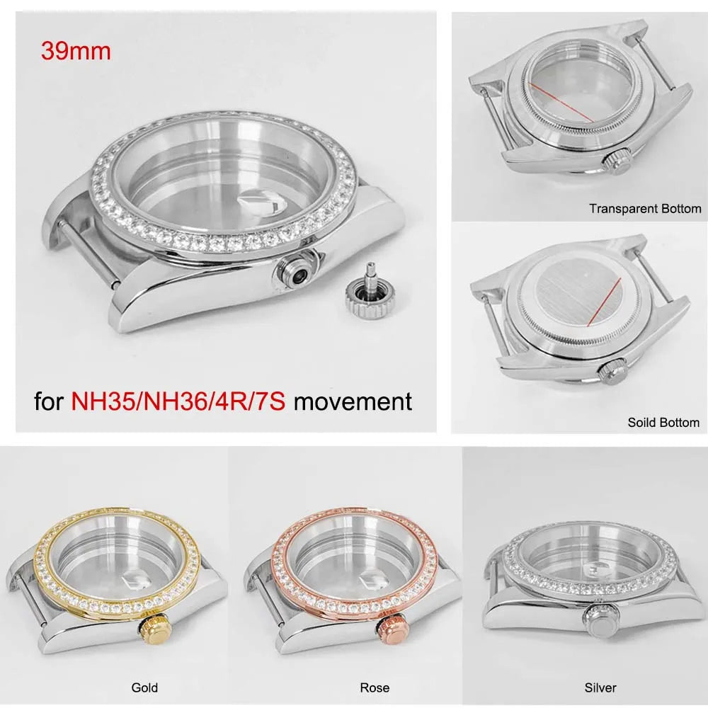 39mm Diamond Watch Case for NH35/36 Sapphire Glass Crystal Bezel Stainless Steel
