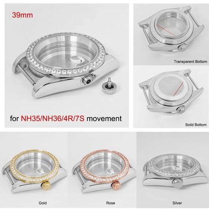 39mm Diamond Watch Case for NH35/36 Sapphire Glass Crystal Bezel Stainless Steel