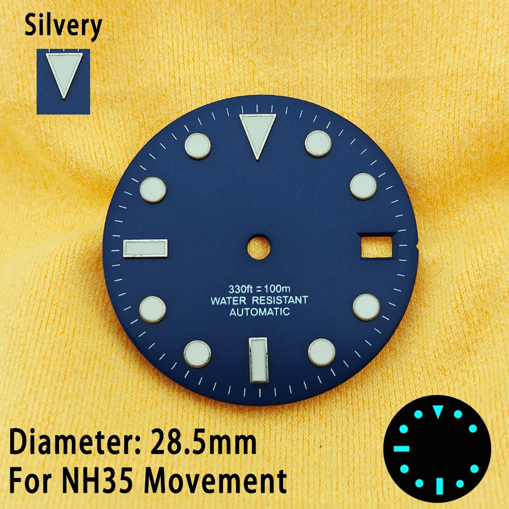 28.5mm Multicolor Watch Dials For NH35 NH36 Blue Luminous with Dial Calendar