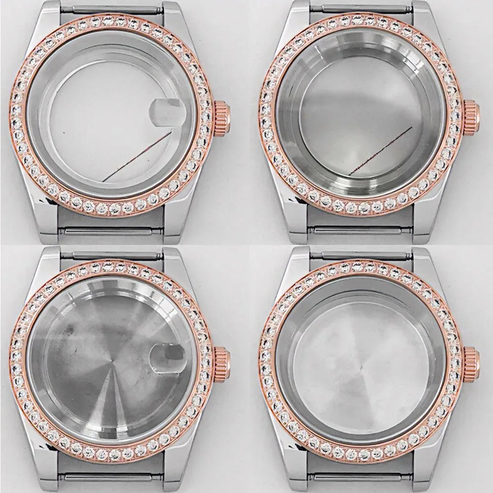 39mm Diamond Watch Case for NH35/36 Sapphire Glass Crystal Bezel Stainless Steel