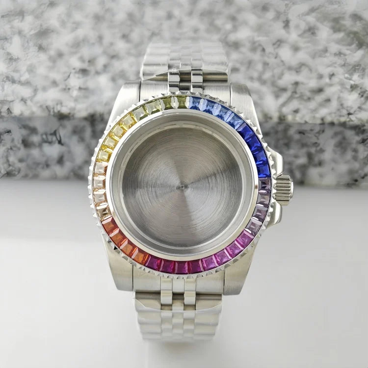 40.5mm Watch Case Strap Set SUB Diamond Studded Rainbow Bezel  for NH35 Movement