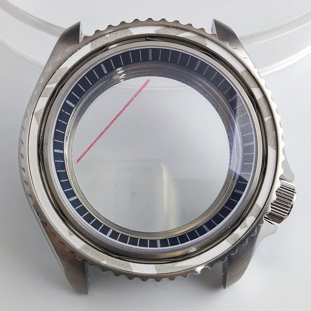 Black matte 41.5mm stainless steel watch case with ceramic bezel, sapphire glass, waterproof, fits NH35 NH36 movements by Case.