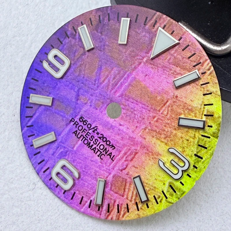 28.5mm S Logo Sunburst Ex plorer Watch Dial Green Luminous Fit NH35/NH36/7S/4R