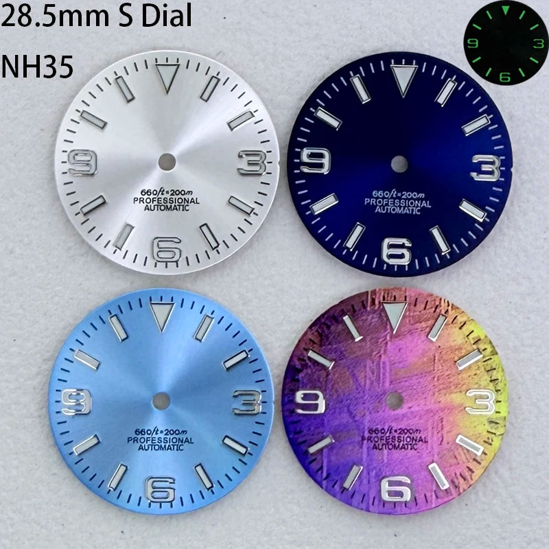 28.5mm S Logo Sunburst Ex plorer Watch Dial Green Luminous Fit NH35/NH36/7S/4R