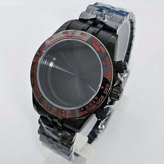 39mm Black Watch Case Strap Set for VK63 Shell Sapphire Glass Case Watchband