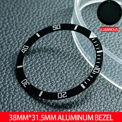 Flat luminous aluminum bezel insert for 38mm watches, durable replacement accessory.