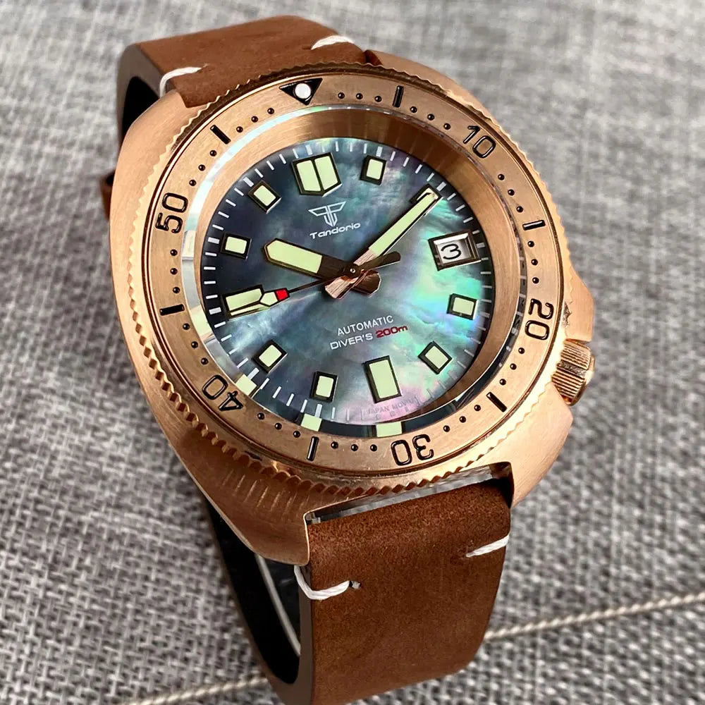 Bronze Watch Case With Green Lume Dial + Hands for NH35 Watch 20ATM Waterproof