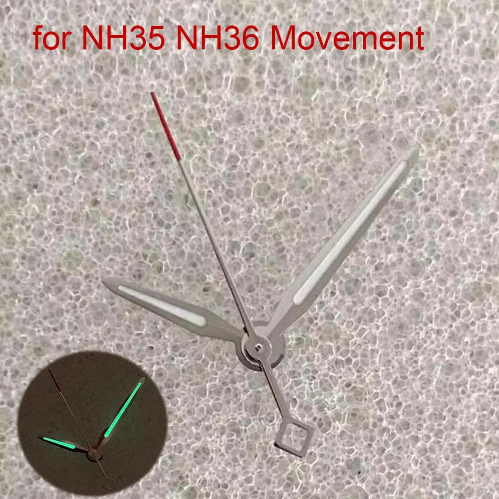 Green Luminous Watch Hands for NH35/NH36/4R/7S Silver Red Second Hand 3Pins