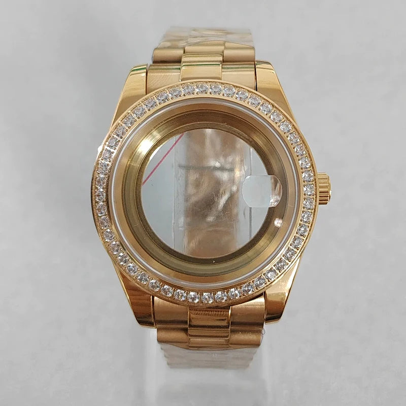 41mm Gold Diamond Inlaid 316L Steel Watch Case+Strap 28.5mm Dial Fit 8285