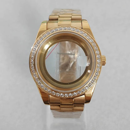 41mm Gold Diamond Inlaid 316L Steel Watch Case+Strap 28.5mm Dial Fit 8285