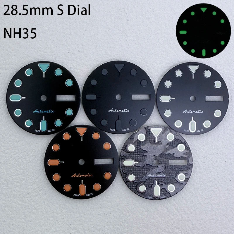 28.5mm S Logo Dial Dual Calendar SKX Watch Dial Gteen Luminous Fit NH36/4R36