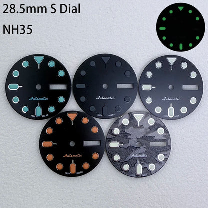 28.5mm S Logo Dial Dual Calendar SKX Watch Dial Gteen Luminous Fit NH36/4R36
