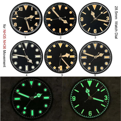 28.5mm Green Luminous Watch Dial + Watch Hands for NH35 NH36 Movement Modified