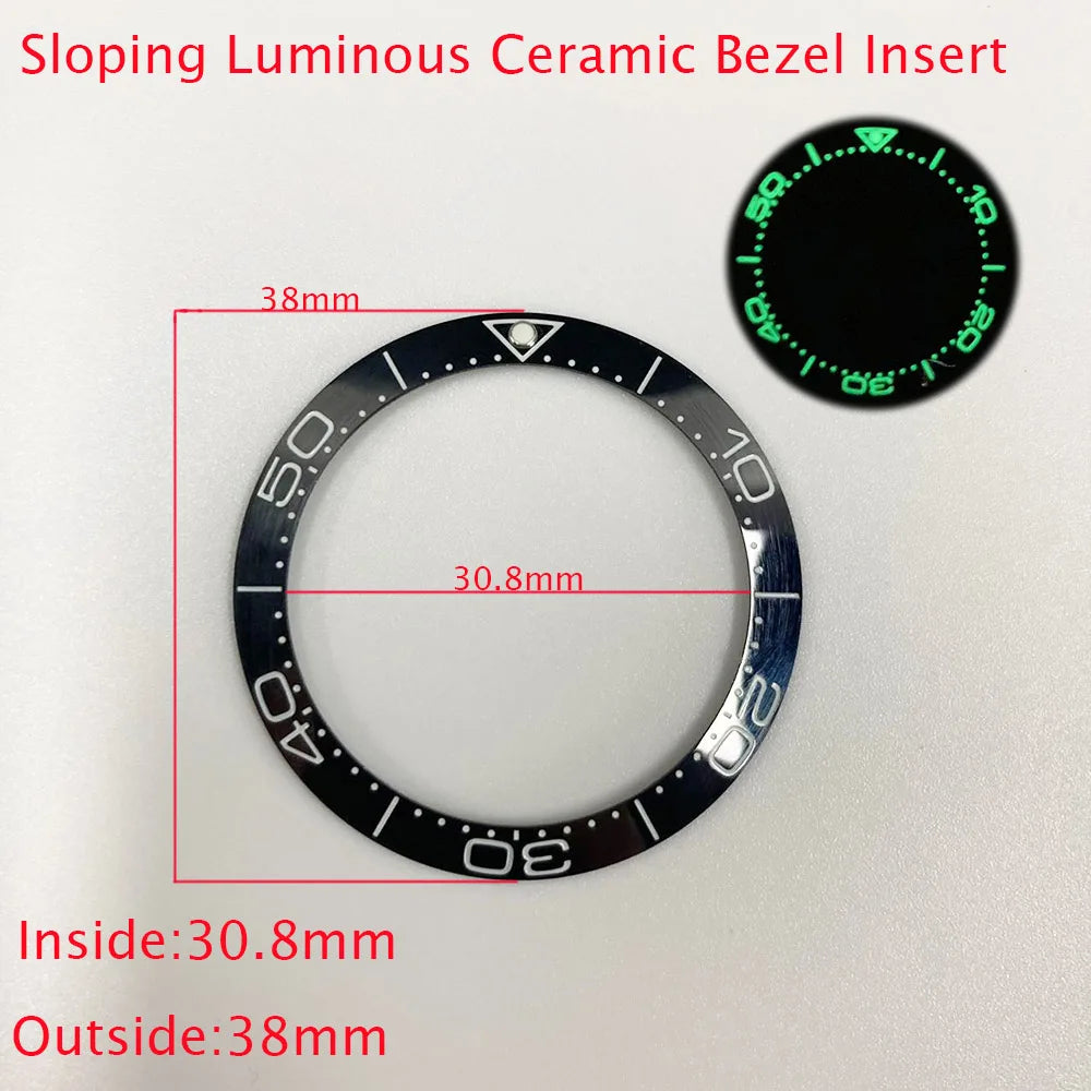 Sloping ceramic bezel insert 38x30.8mm for divers watches, super luminous, durable replacement part.