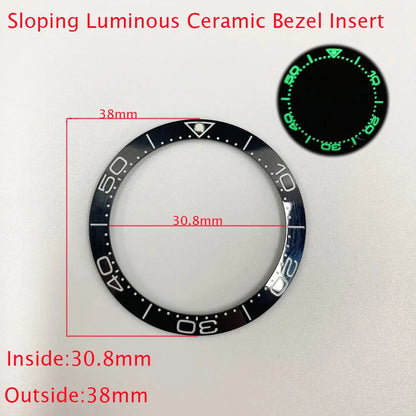 Sloping ceramic bezel insert 38x30.8mm for divers watches, super luminous, durable replacement part.