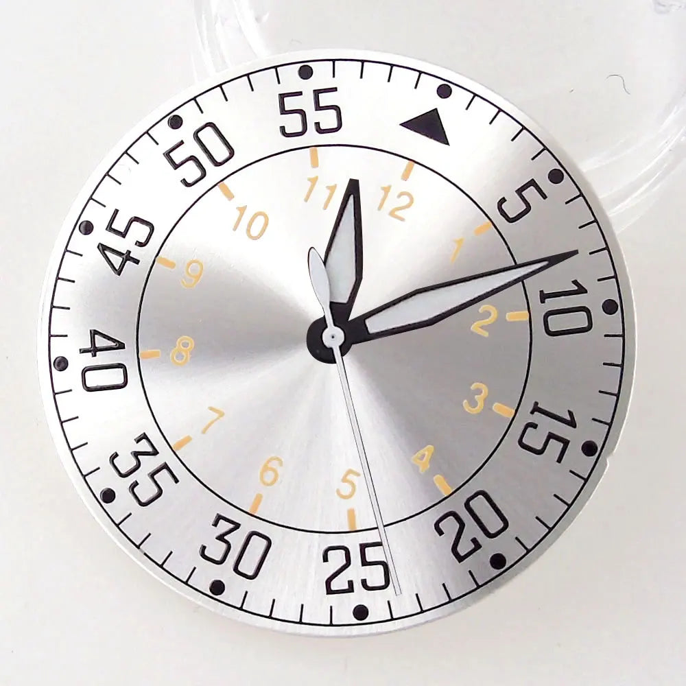 Sterile 33.6mm sunburst silver watch dial for 39mm pilot wristwatch with NH35A/NH36A movement.