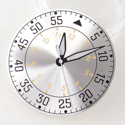 Sterile 33.6mm sunburst silver watch dial for 39mm pilot wristwatch with NH35A/NH36A movement.