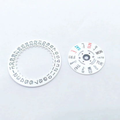Set of calendar date and day wheel discs for 7S26 watch movement replacement, precise timing parts.