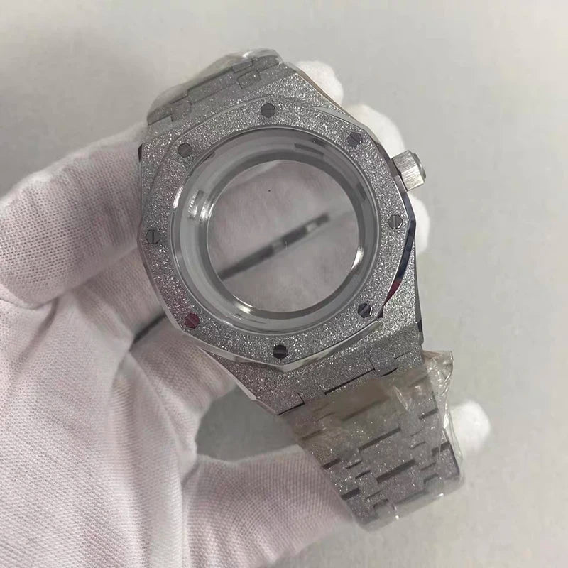 41mm Silver Sapphire Watch Case+Strap Shining Star Sanding For NH35/36/4R/7S