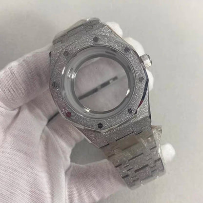 41mm Silver Sapphire Watch Case+Strap Shining Star Sanding For NH35/36/4R/7S
