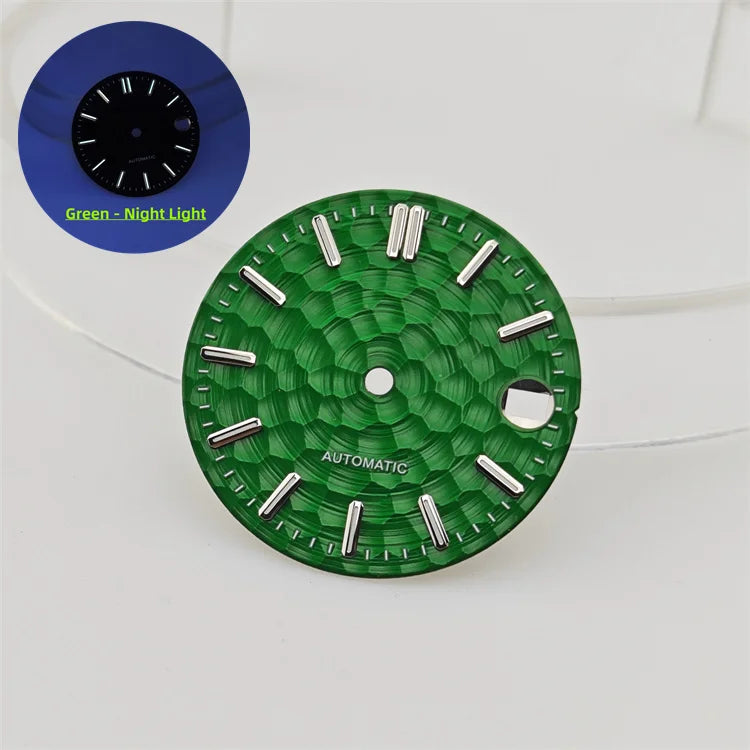 28.5mm Honeycomb Textured Surface Green Luminous Watch Dial for NH35 Movement