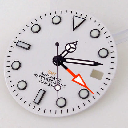 Nologo Sterile 29mm white NH34A watch dial for diver GMT mod, black edge markers, orange hands.