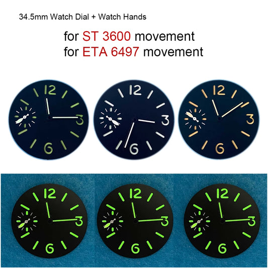34.5mm Watch Dial with Hands Green Luminous Dials for ETA 6497 ST3600 Movements