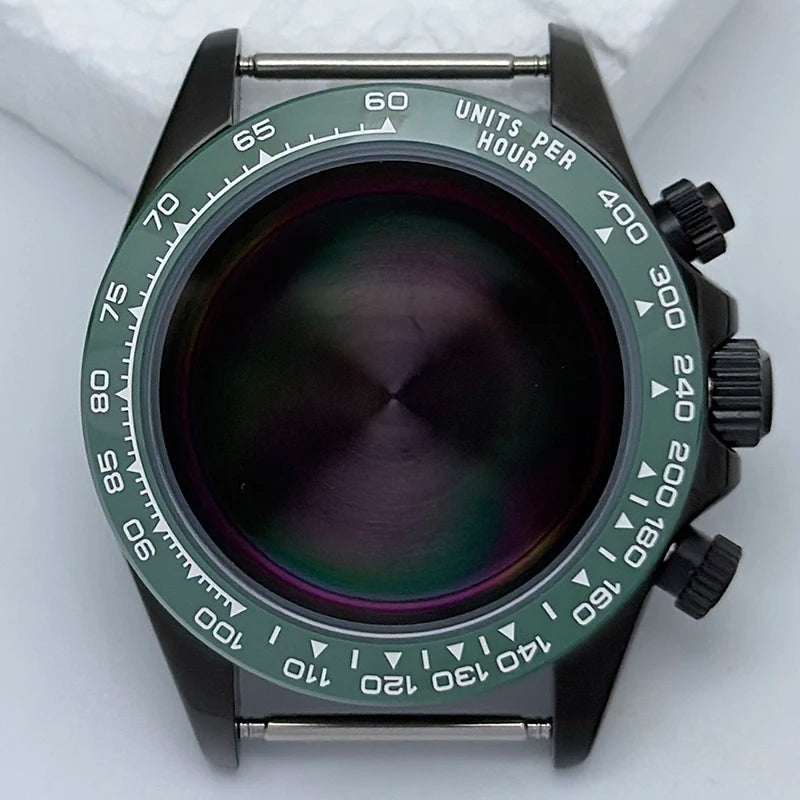316L Steel 39mm Black Watch Case Sapphire Glass Ceramic/Steel Bezel Fit VK63