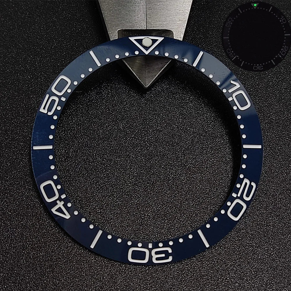 Sloping luminous ceramic bezel insert 39.3x31.7mm for watch accessories, durable replacement.