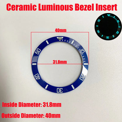 Sloping 40x31.8mm ceramic bezel insert with super luminous feature for divers watches replacement.
