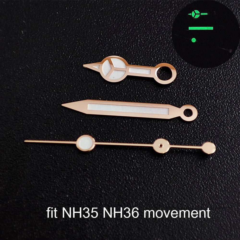 Green luminous watch hands compatible with NH35 NH36 ETA 2836 2824 Miyota 8205 8215 movements.