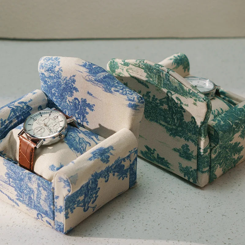 Large vintage green sofa watch display stand showcasing bracelets and bangles, ideal for jewelry counters.
