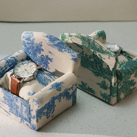 Large vintage green sofa watch display stand showcasing bracelets and bangles, ideal for jewelry counters.