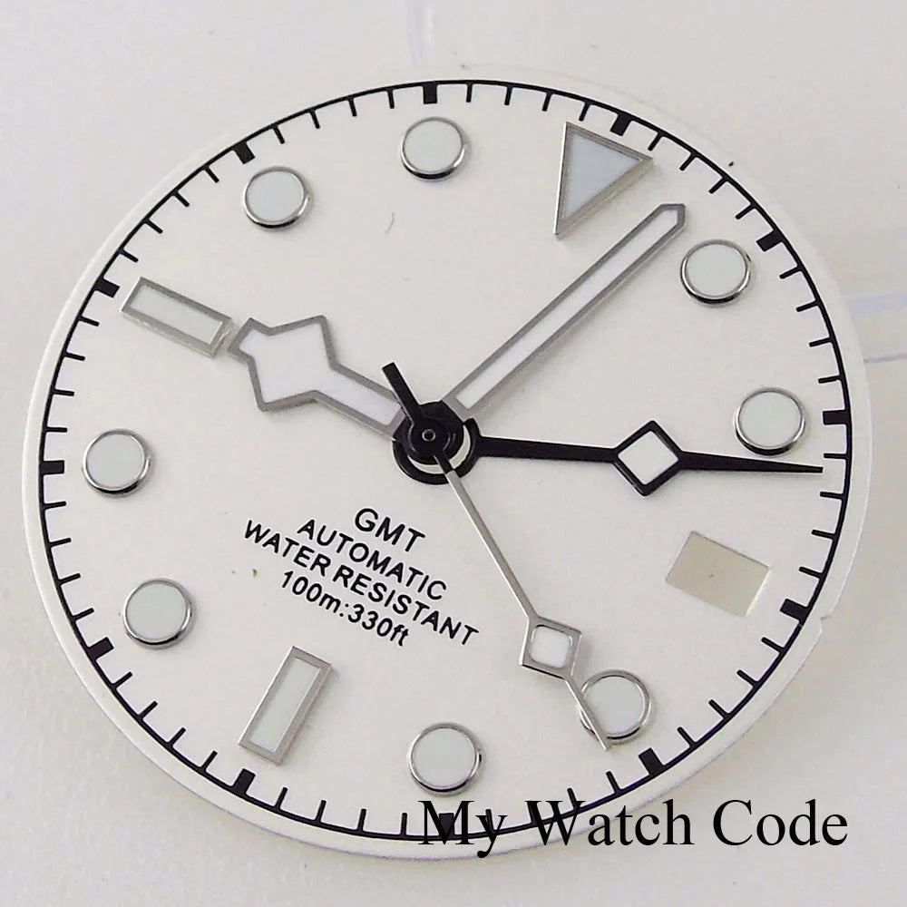 3/3.8 clock Nologo NH34 watch dial, 29mm white and blue steel plate with green luminous snowflake hand for GMT mod