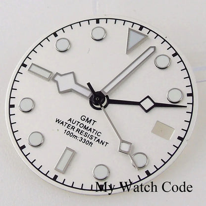 3/3.8 clock Nologo NH34 watch dial, 29mm white and blue steel plate with green luminous snowflake hand for GMT mod
