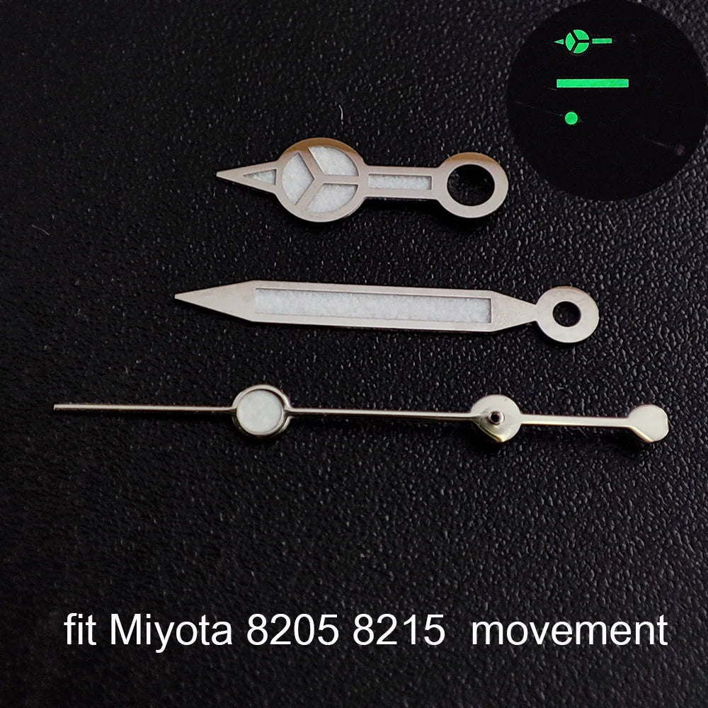 Green luminous watch hands compatible with NH35 NH36 ETA 2836 2824 Miyota 8205 8215 movements.