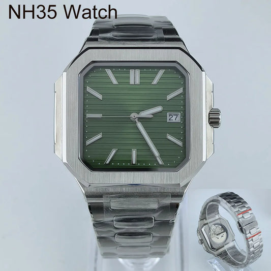 38.5mm Square Watch Case Folding Clasp WatchBand Fit NH35 NH38 Sapphire Crystal