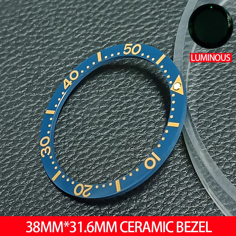 Flat ceramic bezel insert 38mm with luminous markers for precise watch accessory replacement.