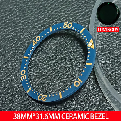 Flat ceramic bezel insert 38mm with luminous markers for precise watch accessory replacement.