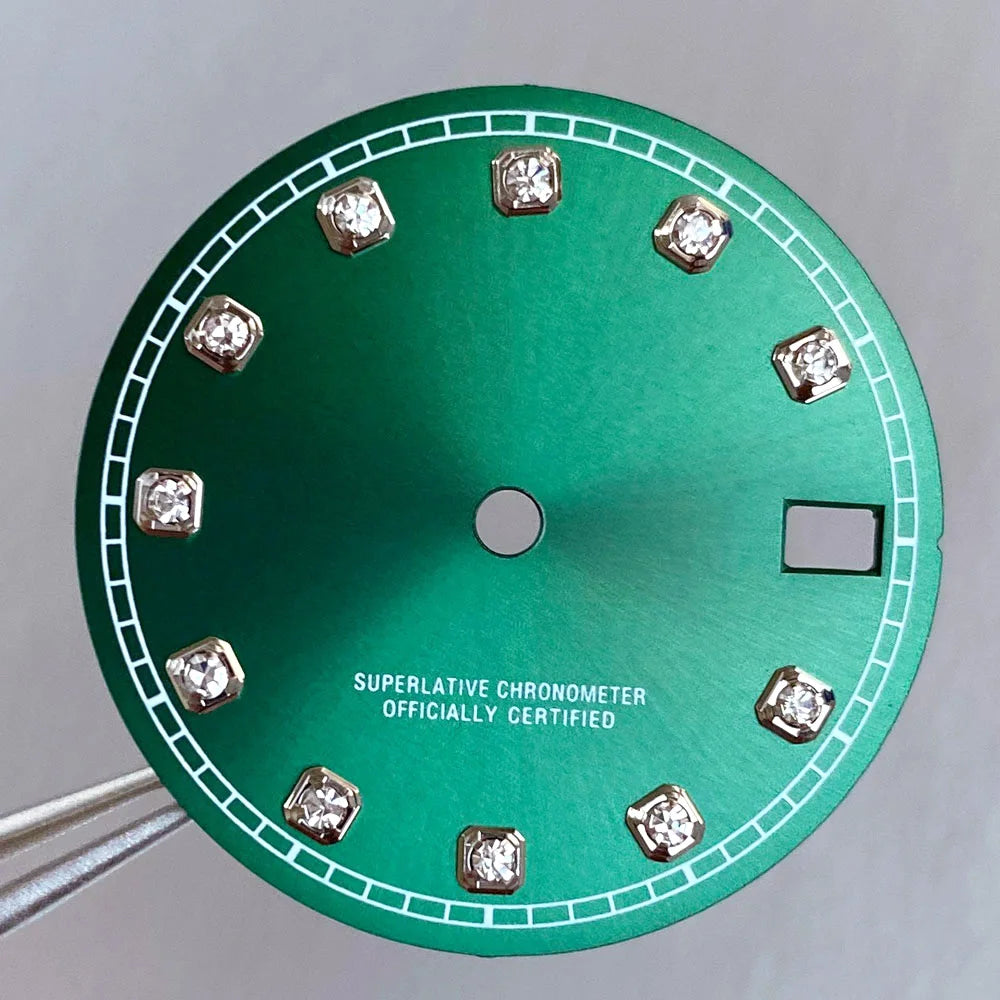 Mod Diamond Index 28.5mm watch dial in silver blue green, compatible with NH35A NH36A automatic movements.