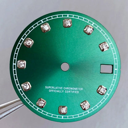 Mod Diamond Index 28.5mm watch dial in silver blue green, compatible with NH35A NH36A automatic movements.