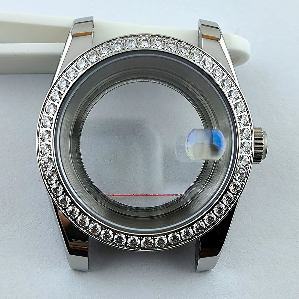 Diamond Decorated Steel Watch Case with Sapphire Glass Waterproof Fit NH35/NH36