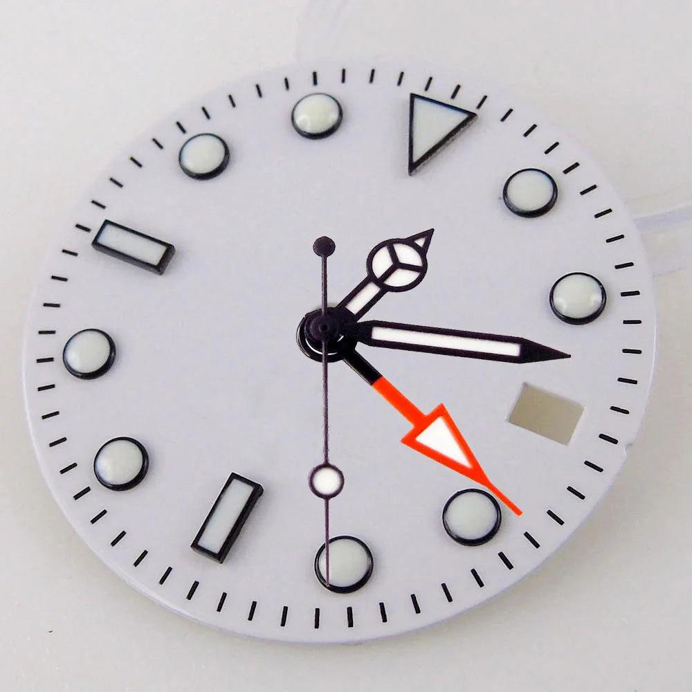 Nologo Sterile 29mm white NH34A watch dial for diver GMT mod, black edge markers, orange hands.