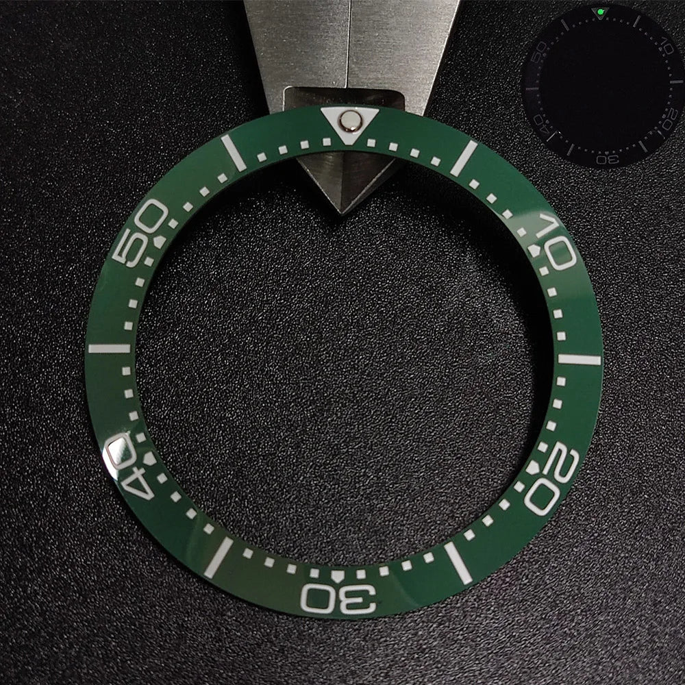 Sloping luminous ceramic bezel insert 39.3x31.7mm for watch accessories, durable replacement.