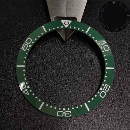 Sloping luminous ceramic bezel insert 39.3x31.7mm for watch accessories, durable replacement.