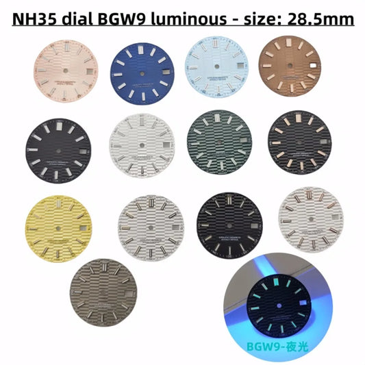 28.5mm Watch Dial Metallic Texture Surface Log BGW9 Luminous for NH35 Movement